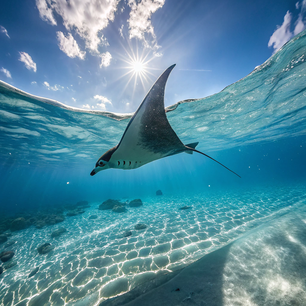 Manta ray gliding through clear blue Maldivian waters