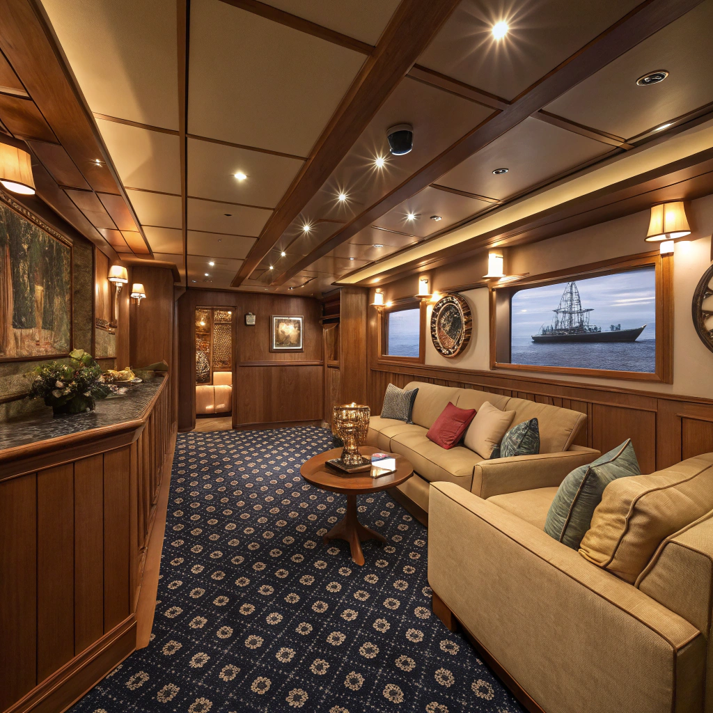 Bright and spacious cabin interior with ocean views
